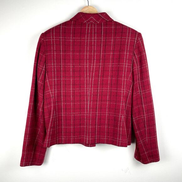 90s Vintage Plaid Tweed Blazer Jacket Women 6 Red Wool Blend Long Sleeve Pockets - Picture 3 of 9